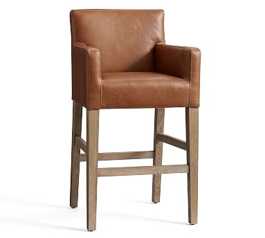 Classic Leather Bar Height Bar Stool, Gray Wash Frame, Burnished Wolf Gray - Image 0