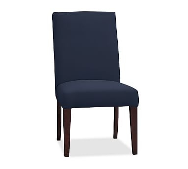 PB Comfort Square Upholstered Dining Side Chair, Twill Cadet Navy, Espresso Leg - Image 0