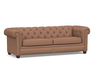 Chesterfield Roll Arm Leather Grand Sofa 96", Polyester Wrapped Cushions, Nubuck Fawn - Image 1