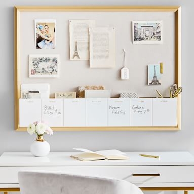 Pinboard With Dry Erase Calendar Cubby, Gold/Linen - Image 4