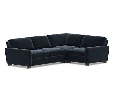 Turner Square Arm Upholstered Left Arm 3-Piece Corner Sectional with Bronze Nailheads, Down Blend Wrapped Cushions, Performance Plush Velvet Navy - Image 0