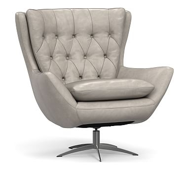 Wells Leather Swivel Armchair with Brushed Nickel Base, Polyester Wrapped Cushions, Statesville Pebble - Image 0
