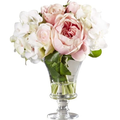 Faux Rose and Hydrangea Floral Arrangement in Pedestal Glass Vase - Image 0