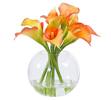 Faux Calla Lily in Glass Bowl - Orange - Image 0