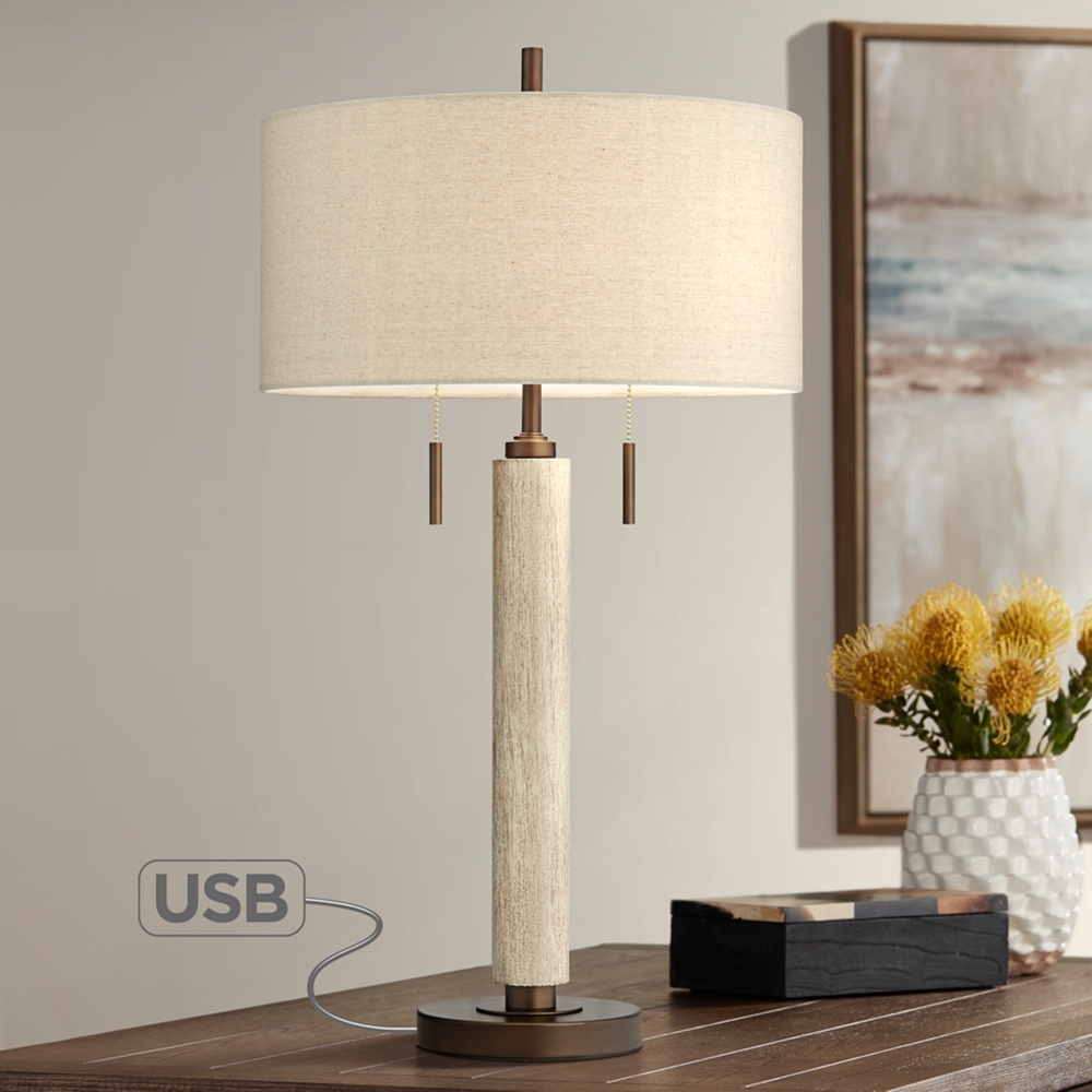 Hugo Wood Column Table Lamp with USB Port - Style # 45R03 - Image 0