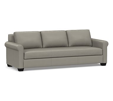 York Roll Arm Leather Grand Sofa with Bench Cushion, Down Blend Wrapped Cushions, Nubuck Graystone - Image 0