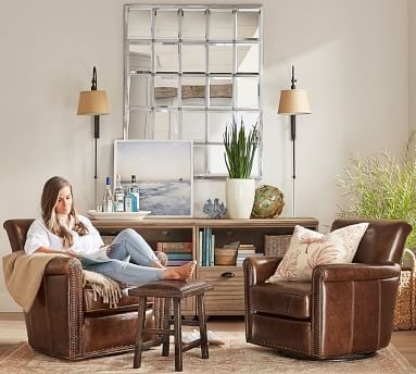 Irving Roll Arm Leather Swivel Armchair with Bronze Nailheads, Polyester Wrapped Cushions, Statesville Toffee - Image 2