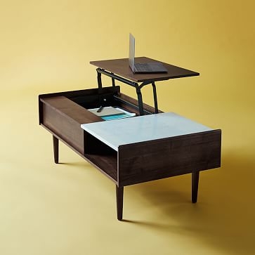 Mid Century Pop Up Coffee Table, Marble & Walnut - Image 5