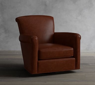 Irving Roll Arm Leather Swivel Armchair, Polyester Wrapped Cushions, Statesville Toffee - Image 1