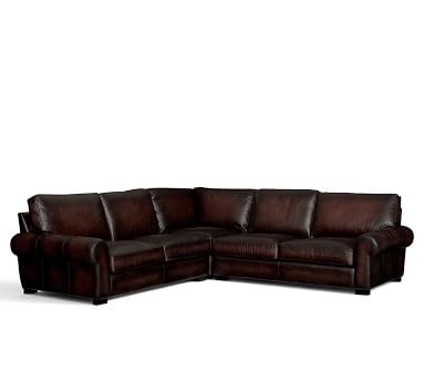Turner Roll Arm Leather 3-Piece L-Shaped Corner Sectional, Down Blend Wrapped Cushions, Statesville Molasses - Image 1