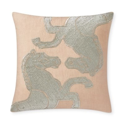 Horse Zardozi Linen Pillow Cover, 20" X 20", Toasted Almond - Image 0