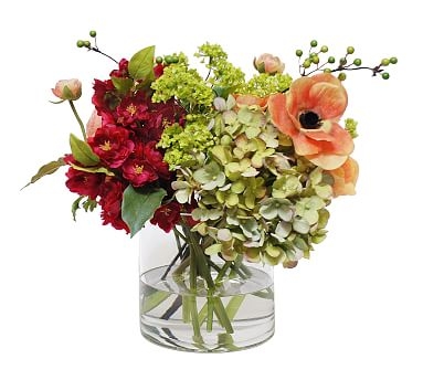 Faux Mix Ranunculus & Anemone in Glass Vase - Image 0