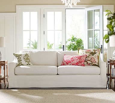 York Slope Sofa with Bench Cushion Slipcover, Sunbrella(R) Performance Sahara Weave Ivory - Image 0