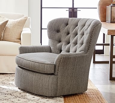 Cardiff Tufted Upholstered Swivel Armchair with Nailheads, Polyester Wrapped Cushions,, Performance Heathered Tweed Ivory - Image 1