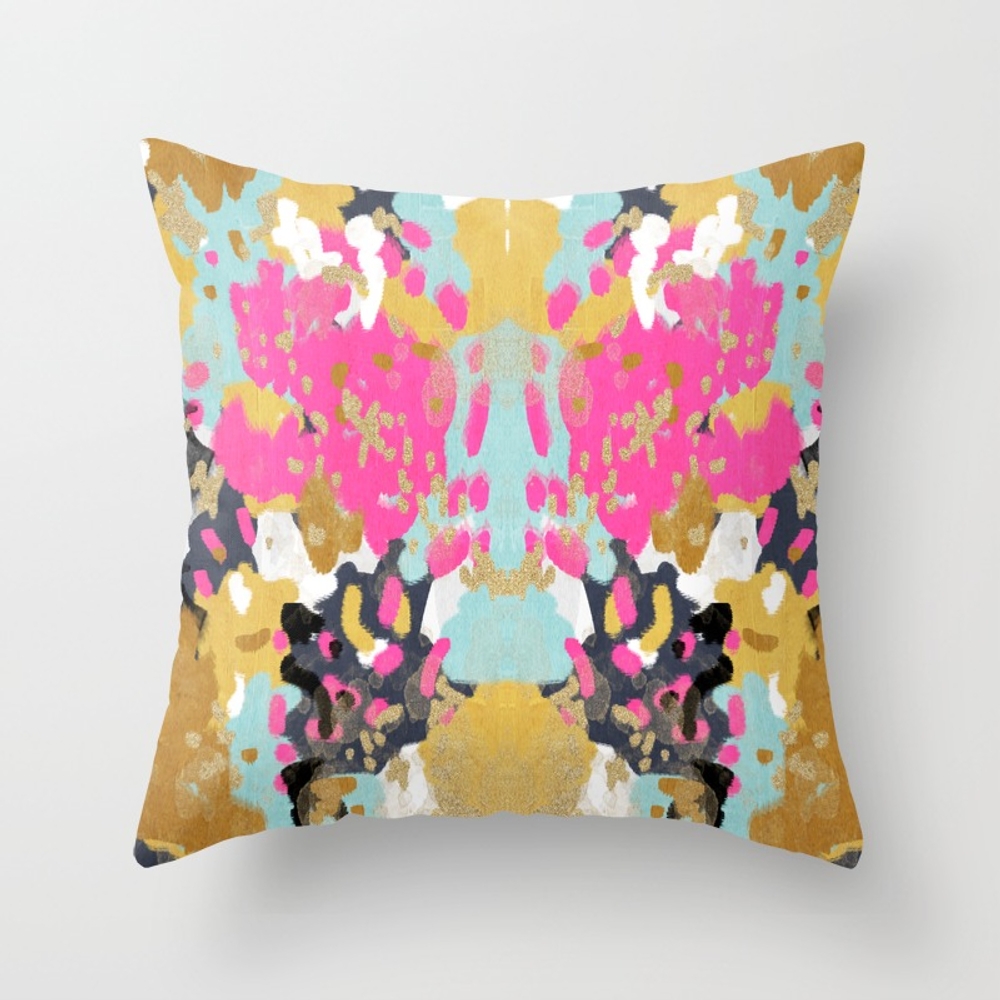Laurel - Abstract Painting In A Free Style With Bold Colors Gold, Navy, Pink, Blush, White, Turquois Throw Pillow by Charlottewinter - Cover (18" x 18") With Pillow Insert - Indoor Pillow - Image 0