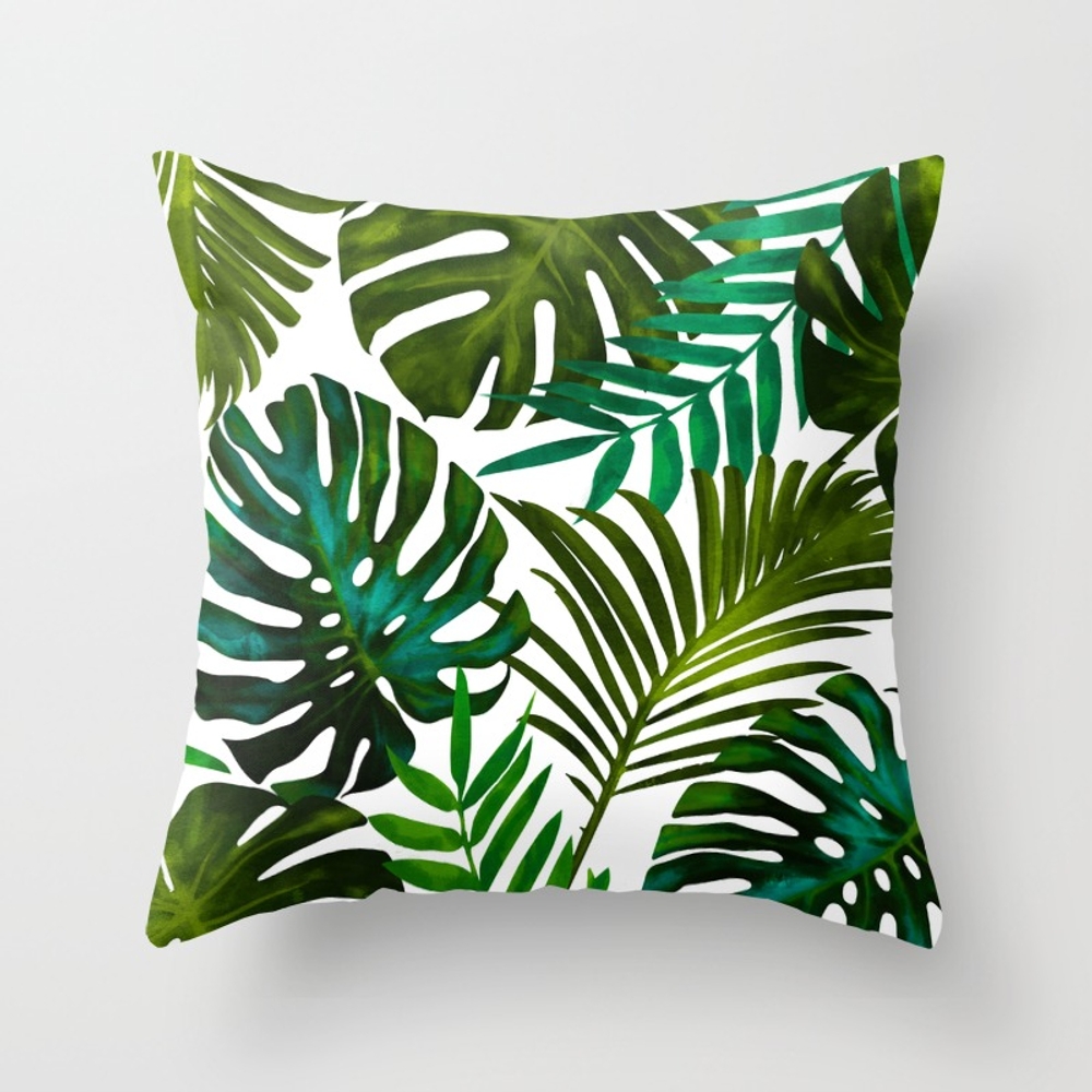Tropical Dream, Jungle Nature Botanical Monstera Palm Leaves Illustration, Scandinavian Painting Throw Pillow by 83 Oranges Free Spirits - Cover (18" x 18") With Pillow Insert - Outdoor Pillow - Image 0