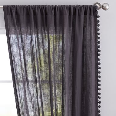 Side Pom Sheer Curtain, 96", Vintage Ebony - Image 0