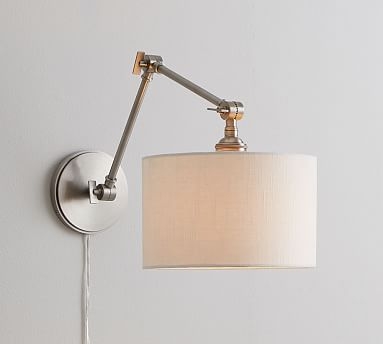 Linen Drum Shade Articulating Arm Plug-In Sconce, Nickel - Image 0