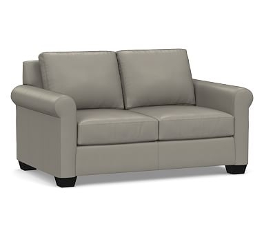 York Roll Arm Leather Loveseat, Down Blend Wrapped Cushions, Nubuck Graystone - Image 0
