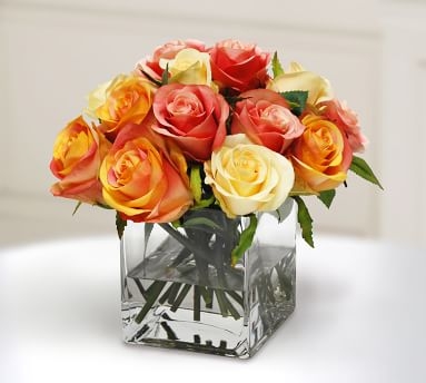 Faux Peach Sunset Roses in Square Glass Vase 9" - Image 3