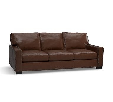Turner Square Arm Leather Sofa 3-Seater 85.5" with Nailheads, Down Blend Wrapped Cushions, Legacy Chocolate - Image 2