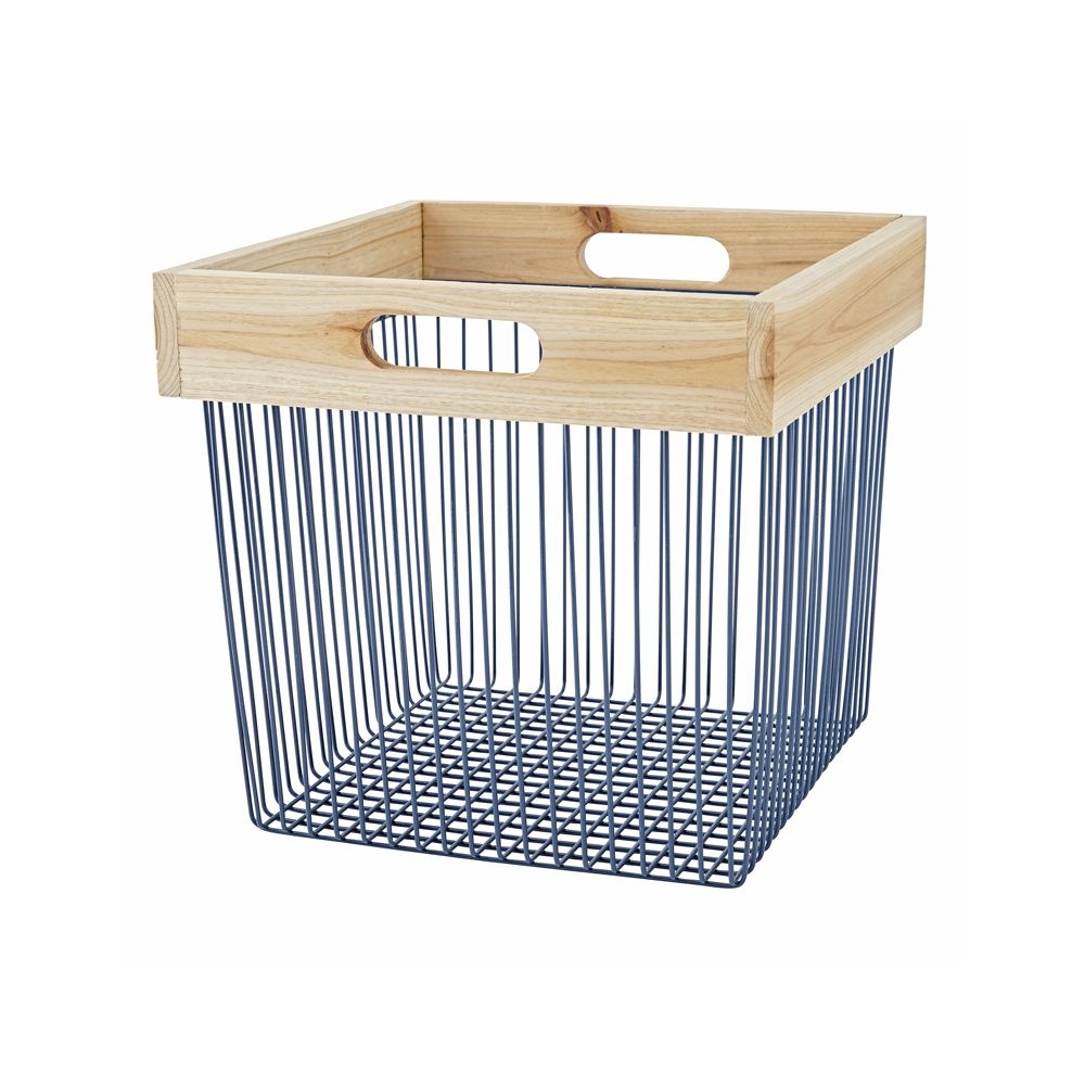 Wood and Wire Blue Cube Bin - Image 0