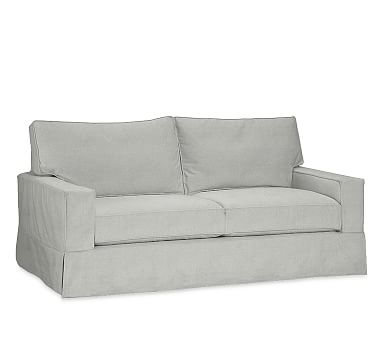 PB Comfort Square Arm Slipcovered Sleeper Sofa 2x2, Box Edge, Memory Foam Cushions, Basketweave Slub Ash - Image 1