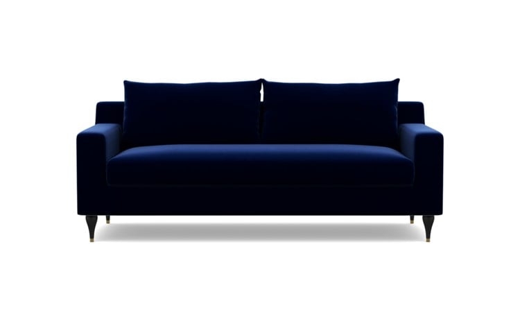Sloan Sofa with Oxford Blue Fabric, Matte Black with Brass Cap legs, and Bench Cushion - Image 0
