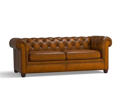 Chesterfield Roll Arm Leather Sofa 86", Polyester Wrapped Cushions, Leather Burnished Bourbon - Image 0