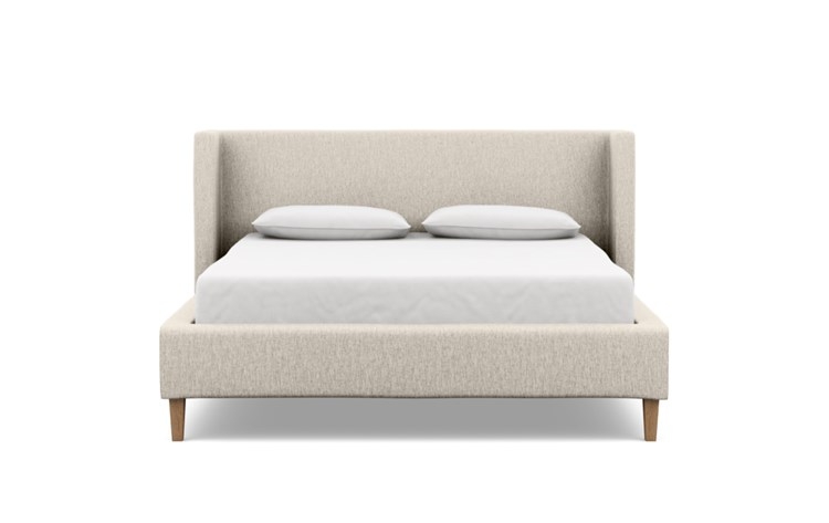 Oliver Queen Bed with Beige Wheat Fabric, low headboard, and Natural Oak legs - Image 0