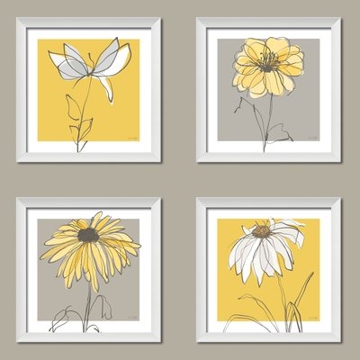 'Beautiful Gray and Yellow Flower' 4 Piece Framed Graphic Art Print Set - Image 0
