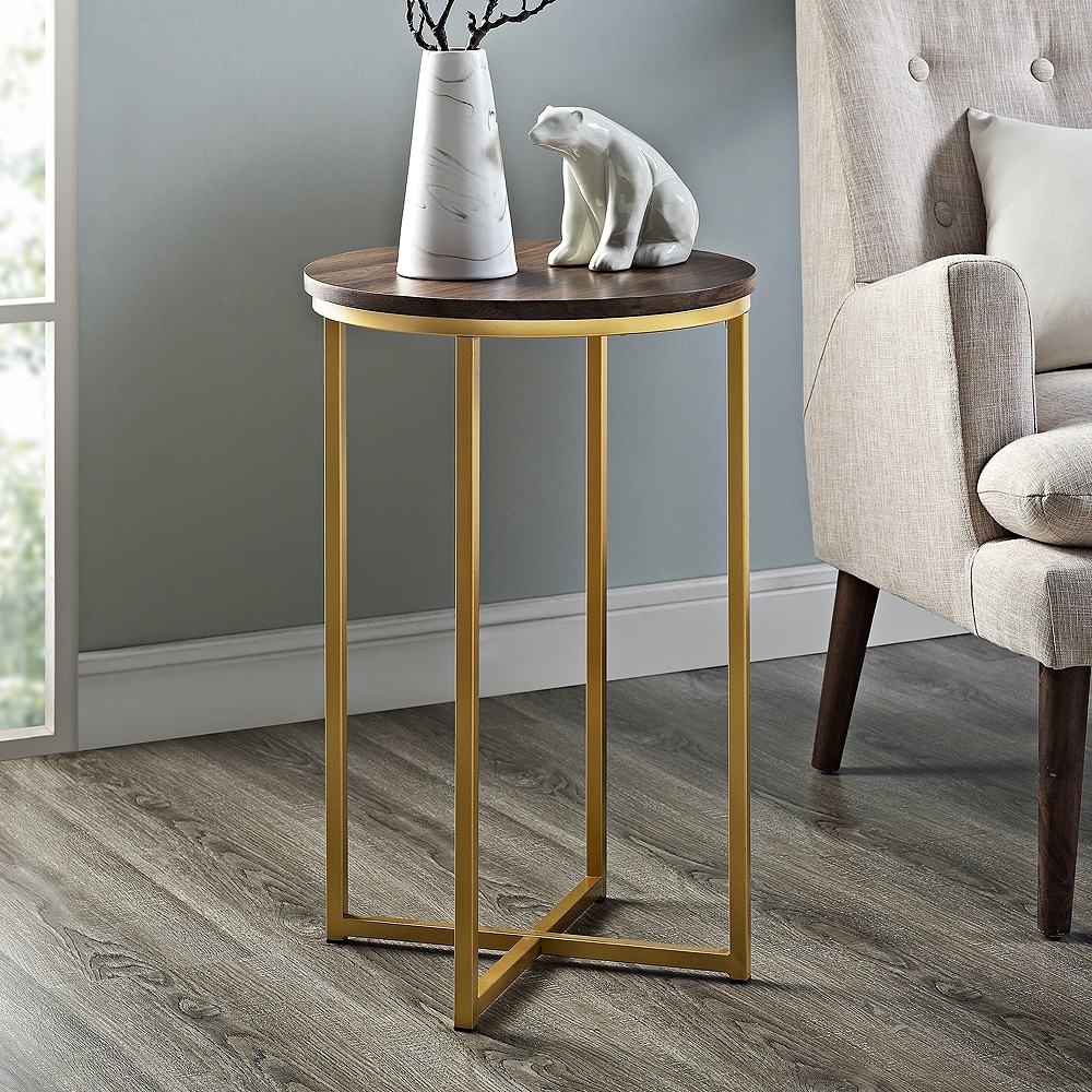 Aurelia Dark Walnut Top and Gold Metal Round Side Table - Style # 64J51 - Image 0