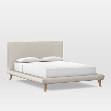 Mod Upholstered Platform Bed, King, Yarn Dyed Linen Weave, Stone White, Wood Leg - Image 2