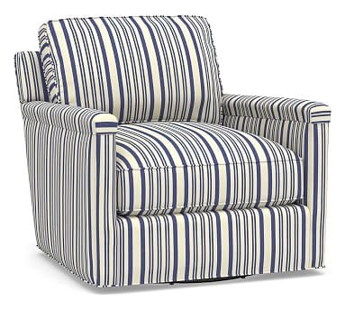 Tyler Square Arm Upholstered Swivel Armchair without Nailheads, Polyester Wrapped Cushions, Antique Stripe Blue - Image 0