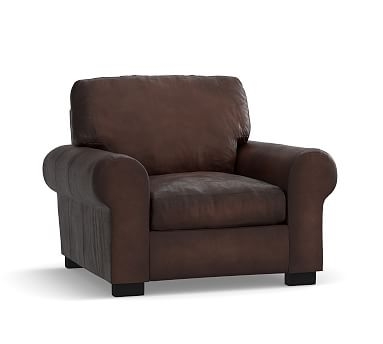 Turner Roll Arm Leather Small Armchair 42", Down Blend Wrapped Cushions, Burnished Walnut - Image 0