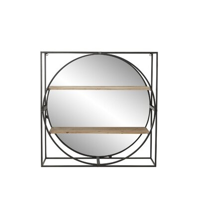 Fly 31" Large Round Industrial Metal Wall Mirror with Wood Shelves Square & Metal Frame - Image 0