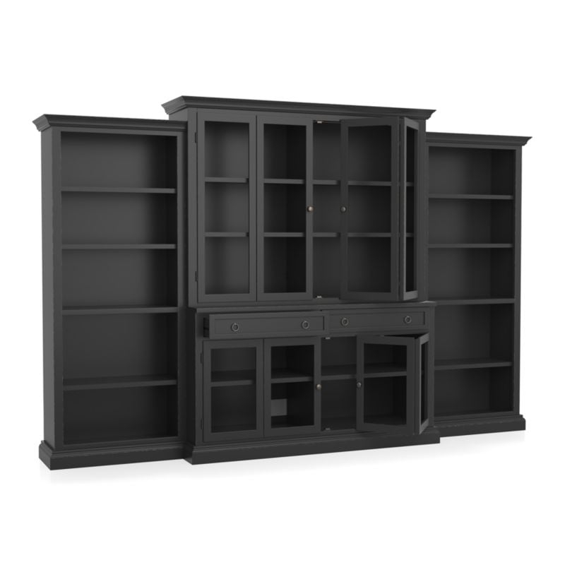 Cameo 4-Piece Modular Bruno Black Glass Door Wall Unit with Open Bookcases - Image 3