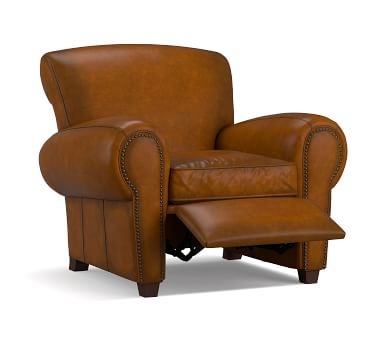 Manhattan Leather Recliner with Bronze Nailheads, Polyester Wrapped Cushions, Burnished Walnut - Image 3