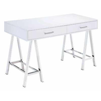 Rectangular Two Drawers Wooden Desk With Saw Horse Metal Legs, Silver And White - Image 0