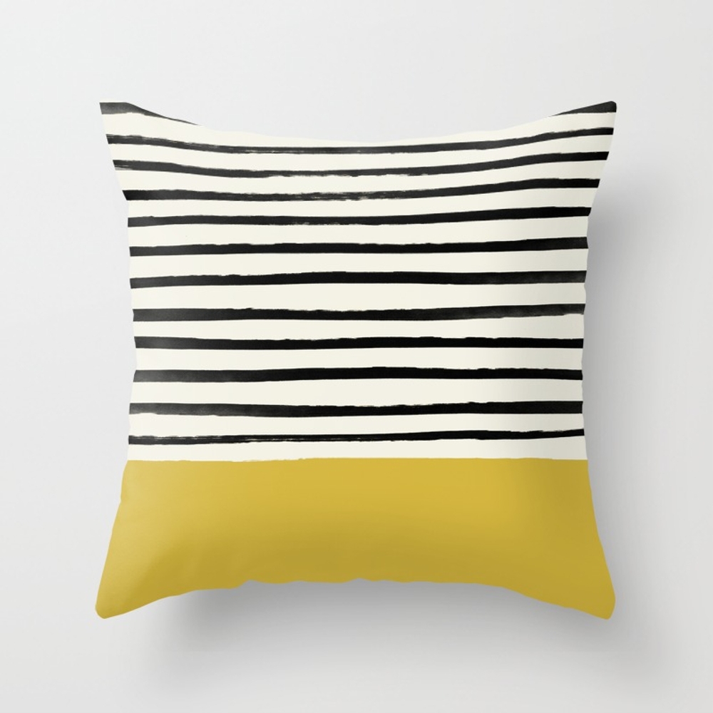 Mustard Yellow & Stripes Throw Pillow by Leah Flores - Cover (16" x 16") With Pillow Insert - Indoor Pillow - Image 0