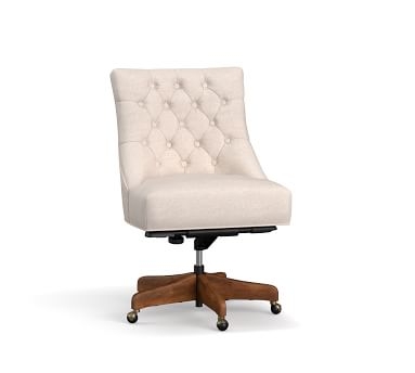 Hayes Upholstered Tufted Swivel Desk Chair, Rustic Brown Base, Basketweave Slub Oatmeal - Image 1