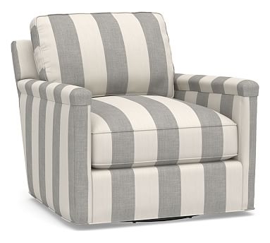 Tyler Square Arm Upholstered Swivel Armchair without Nailheads, Polyester Wrapped Cushions, Premium Performance Awning Stripe Light Gray/Ivory - Image 0