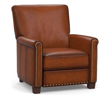 Irving Roll Arm Leather Power Recliner, Bronze Nailheads, Polyester Wrapped Cushions, Burnished Saddle - Image 2