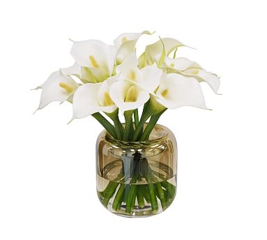 Faux Calla Lily In Round Vase, White, 11" - Image 0
