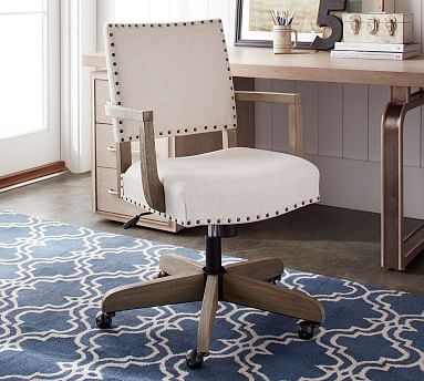 Manchester Upholstered Swivel Desk Chair with Seadrift Base and Antique Brown Nailheads, Basketweave Slub Ivory - Image 1