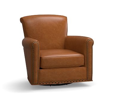Irving Roll Arm Leather Swivel Armchair, Bronze Nailheads, Polyester Wrapped Cushions, Leather Vintage Caramel - Image 2