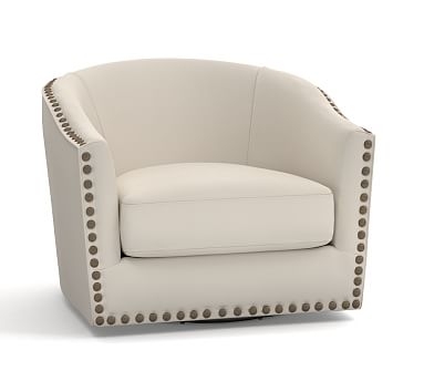 Harlow Upholstered Swivel Armchair with Bronze Nailheads, Polyester Wrapped Cushions, Twill Cream - Image 0
