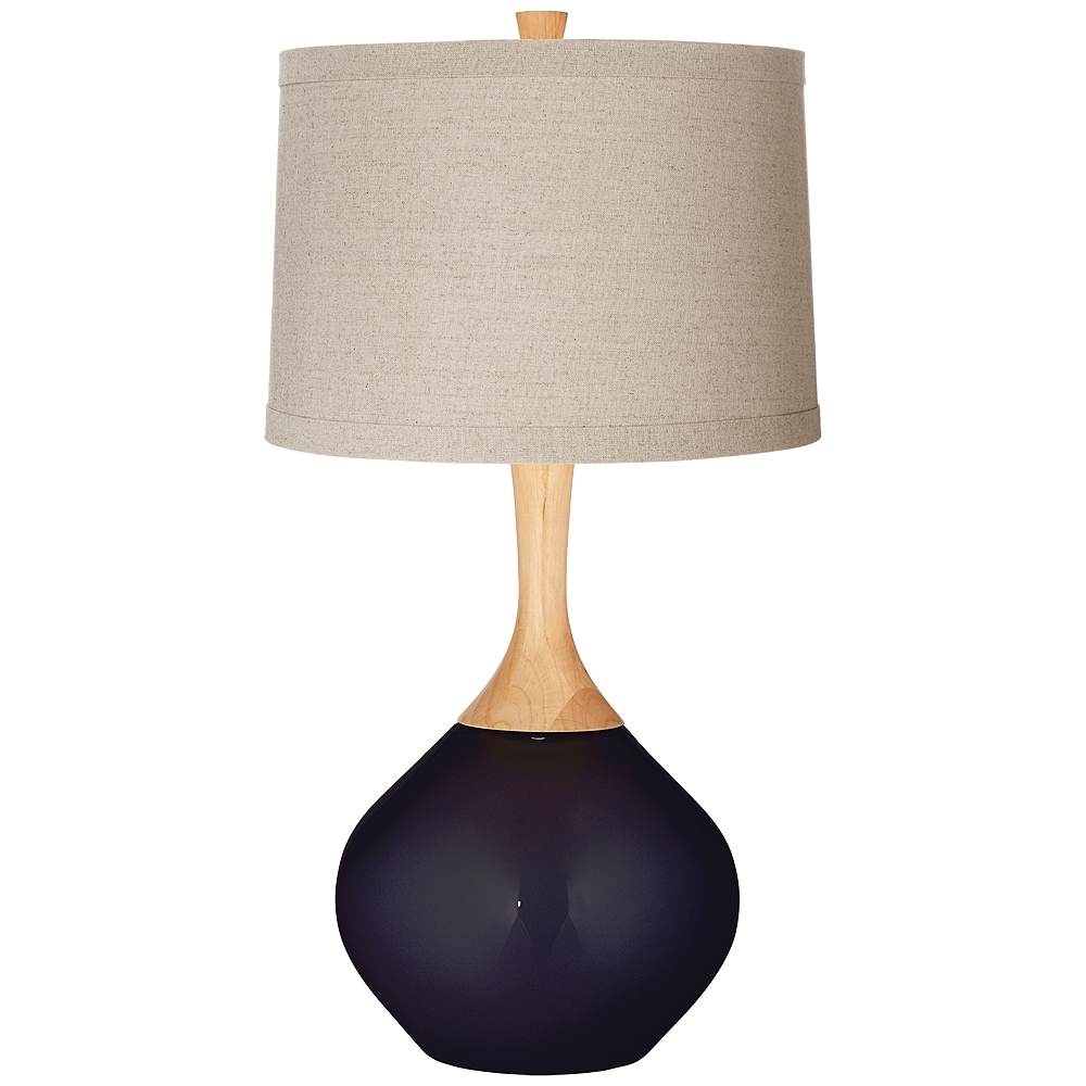 Midnight Blue Metallic Natural Linen Drum Shade Wexler Table Lamp - Style # 53F30 - Image 0