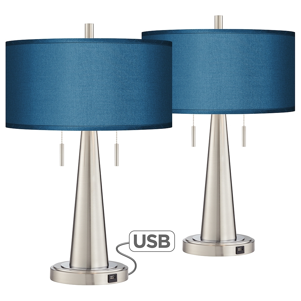 Possini Blue Vicki 23" Blue Faux Silk and Nickel USB Lamps Set of 2 - Image 0