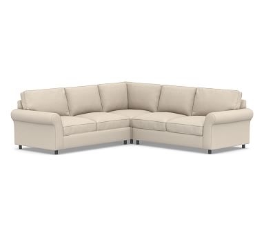 PB Comfort Roll Arm Upholstered 3-Piece L-Shaped Corner Sectional, Box Edge Down Blend Wrapped Cushions, Textured Twill Khaki - Image 0